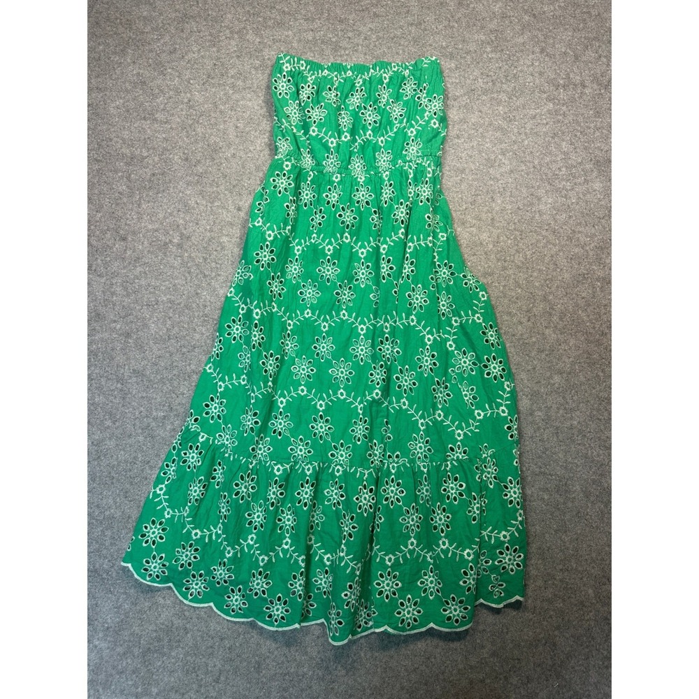 Santory Eyelet Strapless Dress Large Green Floral Scalloped Hem Cotton Blend